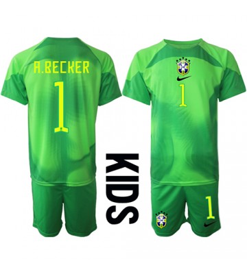Brasilien Alisson Becker #1 Målvakt Borta Kläder Barn VM 2022 Kortärmad (+ Korta byxor)